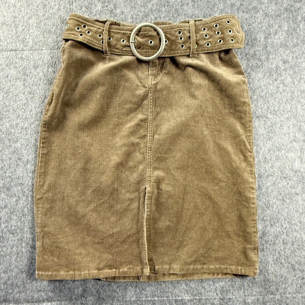 Vanilla Star Women's Skirt 9 Tan Brown Corduroy Pencil Skirt w Grommet Belt Y2K